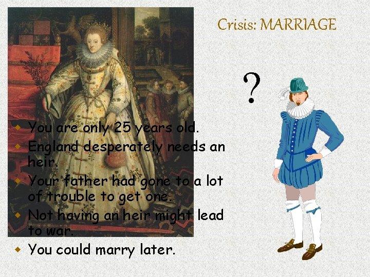 Crisis: MARRIAGE ? w You are only 25 years old. w England desperately needs