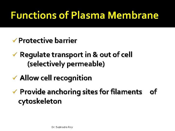 Functions of Plasma Membrane ü Protective barrier ü Regulate transport in & out of