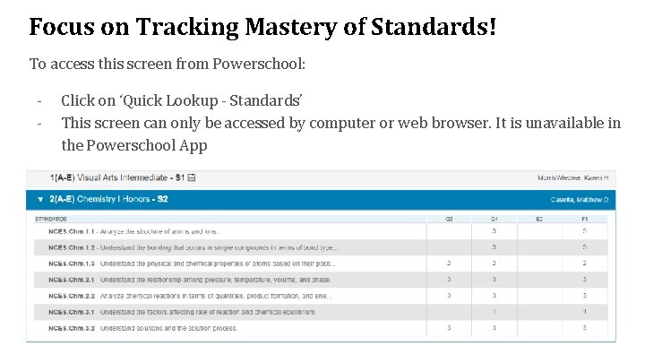 Focus on Tracking Mastery of Standards! To access this screen from Powerschool: - Click