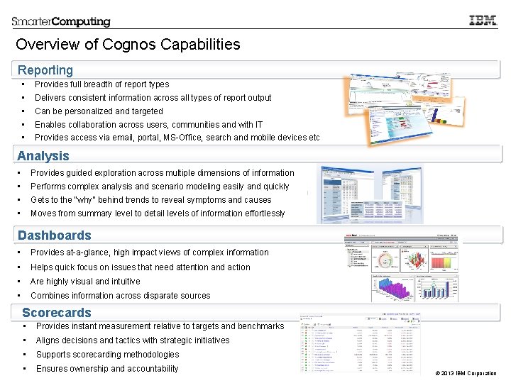 Overview of Cognos Capabilities Reporting • • • Provides full breadth of report types