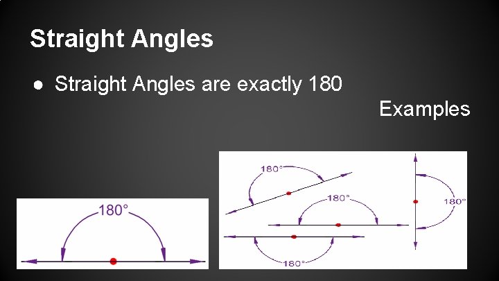 Straight Angles ● Straight Angles are exactly 180 Examples 