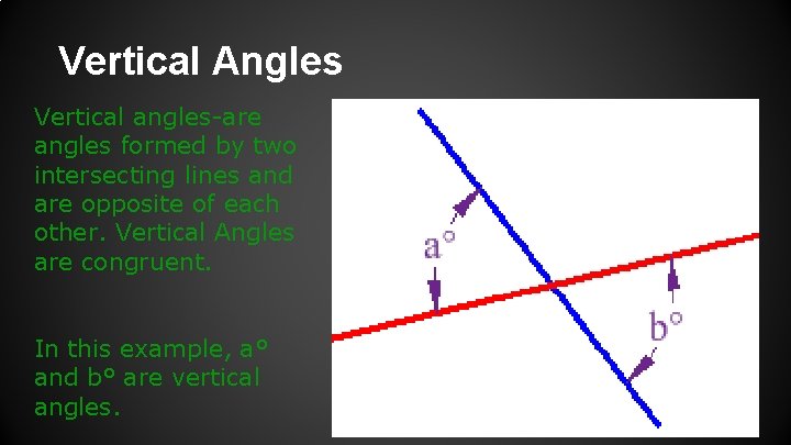 Vertical Angles Vertical angles-are angles formed by two intersecting lines and are opposite of
