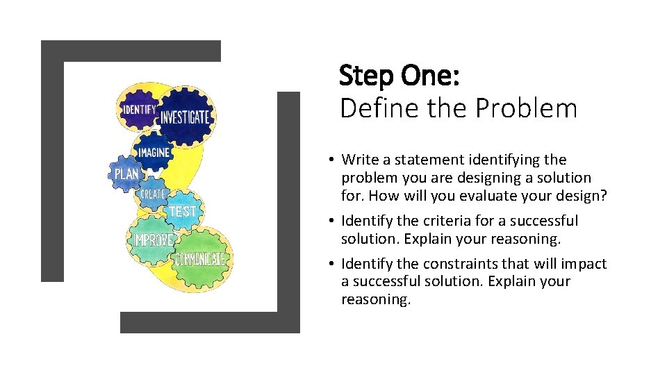 Step One: Define the Problem • Write a statement identifying the problem you are Step One: Define the Problem • Write a statement identifying the problem you are