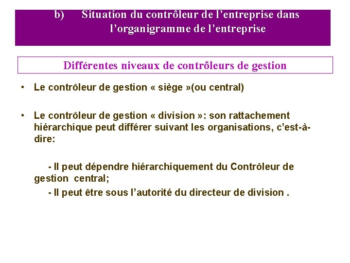 b) Situation du contrôleur de l’entreprise dans l’organigramme de l’entreprise Différentes niveaux de contrôleurs