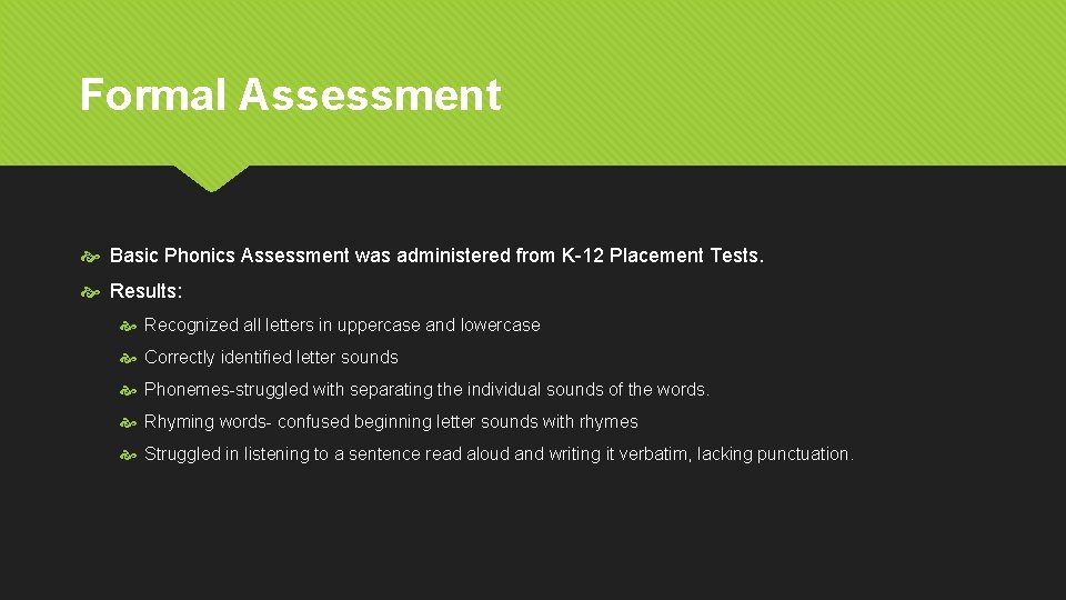 Formal Assessment Basic Phonics Assessment was administered from K-12 Placement Tests. Results: Recognized all