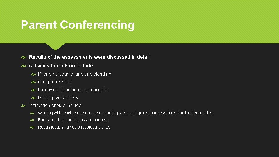 Parent Conferencing Results of the assessments were discussed in detail Activities to work on