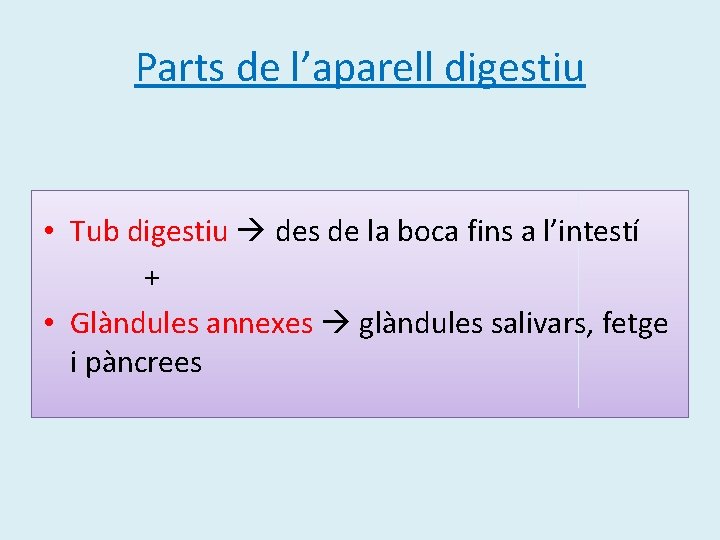 Parts de l’aparell digestiu • Tub digestiu des de la boca fins a l’intestí Parts de l’aparell digestiu • Tub digestiu des de la boca fins a l’intestí