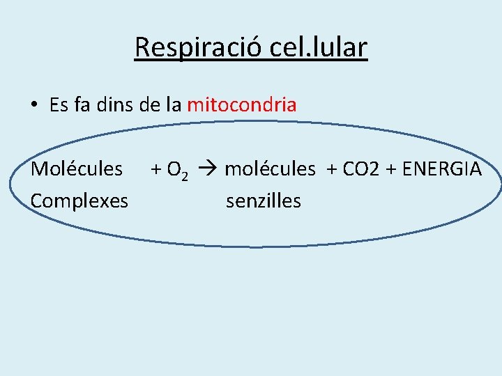 Respiració cel. lular • Es fa dins de la mitocondria Molécules + O 2