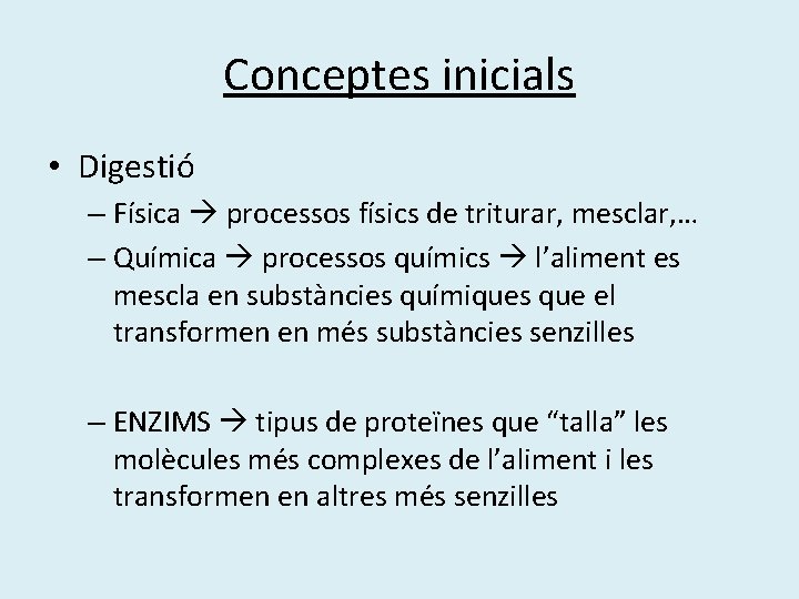 Conceptes inicials • Digestió – Física processos físics de triturar, mesclar, … – Química