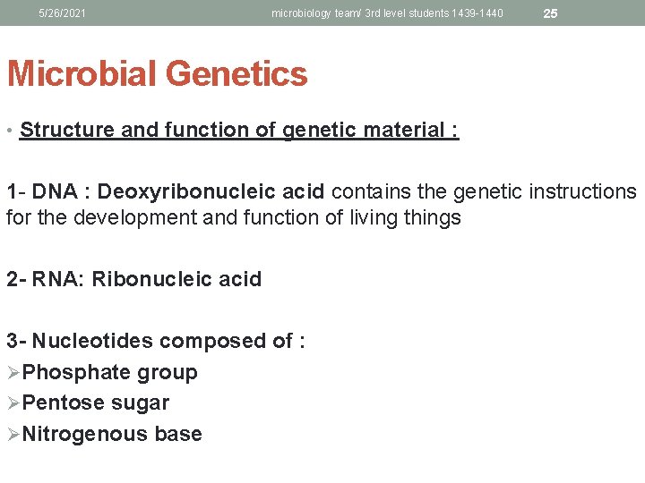 5/26/2021 microbiology team/ 3 rd level students 1439 -1440 25 Microbial Genetics • Structure