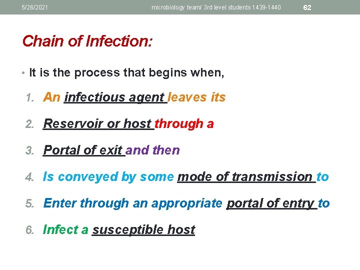 5/26/2021 microbiology team/ 3 rd level students 1439 -1440 62 Chain of Infection: •