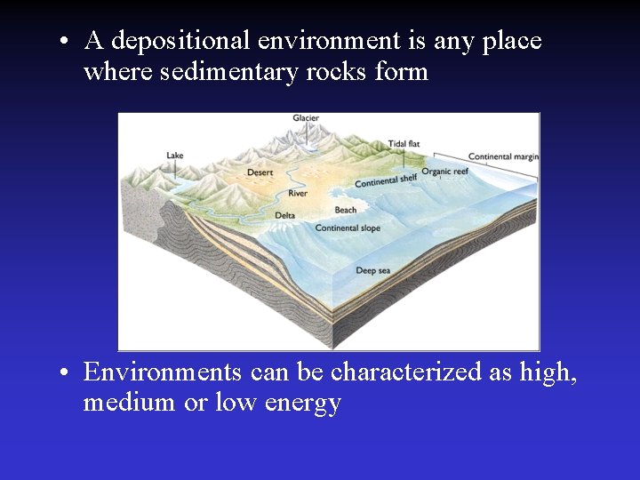  • A depositional environment is any place where sedimentary rocks form • Environments