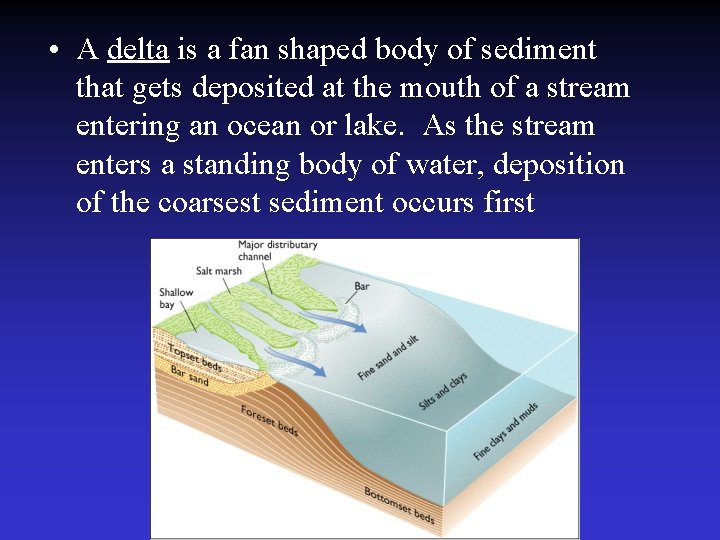  • A delta is a fan shaped body of sediment that gets deposited