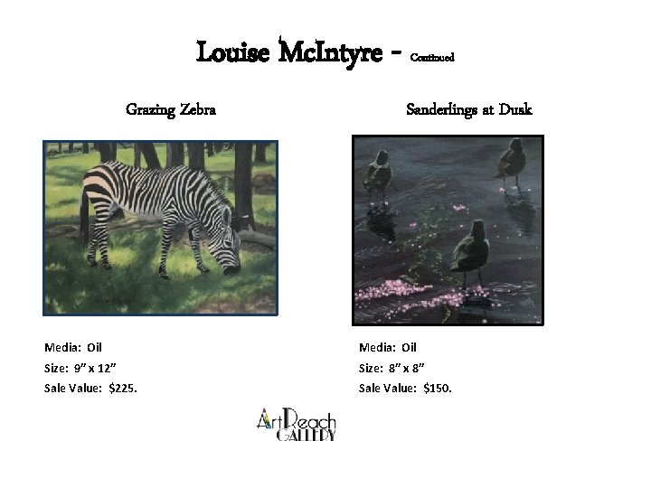 Louise Mc. Intyre Grazing Zebra Continued Sanderlings at Dusk Media: Oil Size: 9” x