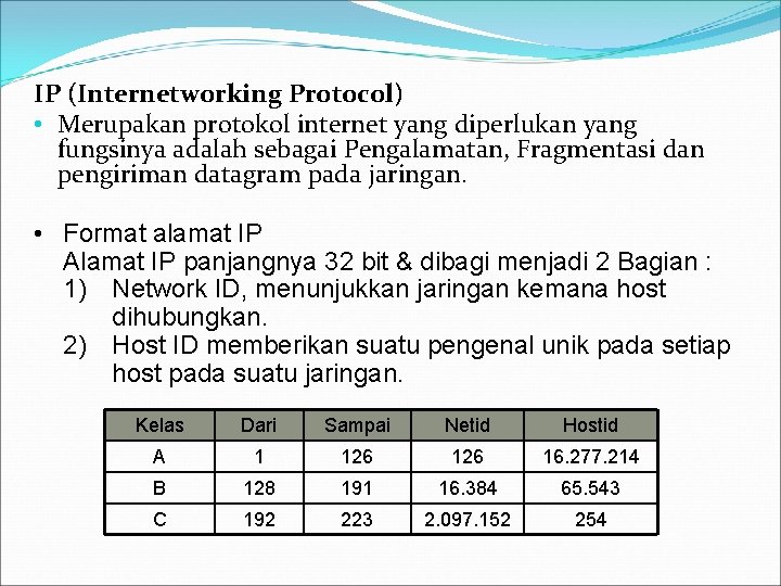 IP (Internetworking Protocol) • Merupakan protokol internet yang diperlukan yang fungsinya adalah sebagai Pengalamatan,