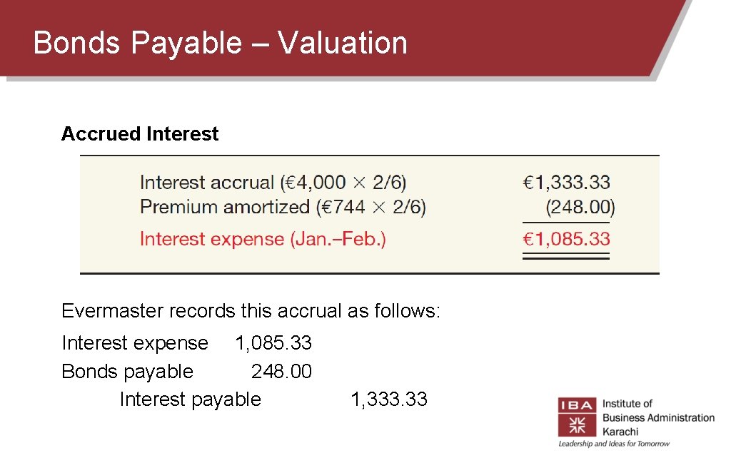 Bonds Payable – Valuation Accrued Interest Evermaster records this accrual as follows: Interest expense Bonds Payable – Valuation Accrued Interest Evermaster records this accrual as follows: Interest expense