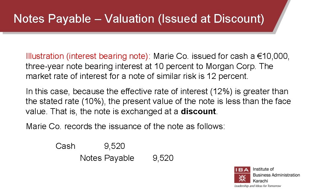 Notes Payable – Valuation (Issued at Discount) Illustration (interest bearing note): Marie Co. issued Notes Payable – Valuation (Issued at Discount) Illustration (interest bearing note): Marie Co. issued