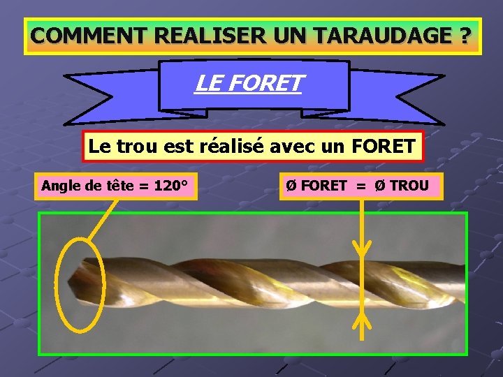 COMMENT REALISER UN TARAUDAGE ? LE FORET Le trou est réalisé avec un FORET