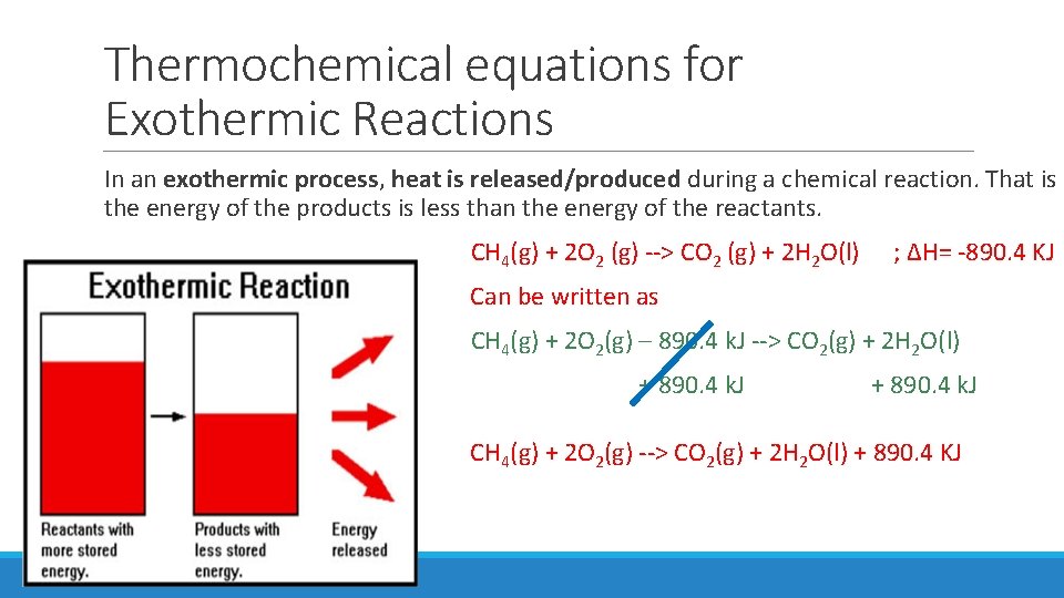 Thermochemical equations for Exothermic Reactions In an exothermic process, heat is released/produced during a