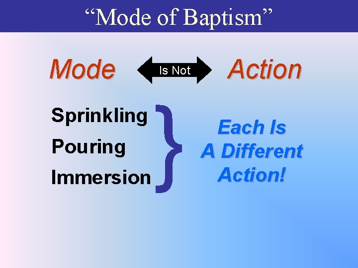 “Mode of Baptism” Mode Sprinkling Pouring Immersion Is Not } Action Each Is A