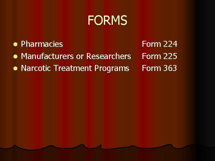 FORMS Pharmacies l Manufacturers or Researchers l Narcotic Treatment Programs l Form 224 Form