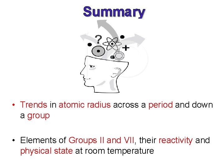 Summary • Trends in atomic radius across a period and down a group •