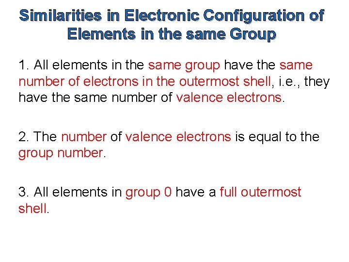 Similarities in Electronic Configuration of Elements in the same Group 1. All elements in