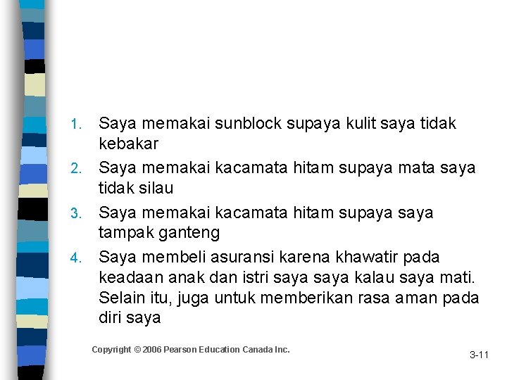 1. 2. 3. 4. Saya memakai sunblock supaya kulit saya tidak kebakar Saya memakai