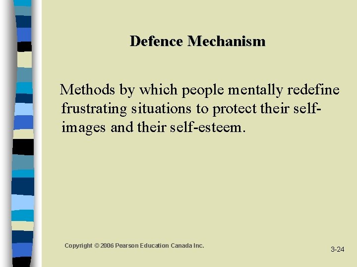 Defence Mechanism Methods by which people mentally redefine frustrating situations to protect their selfimages