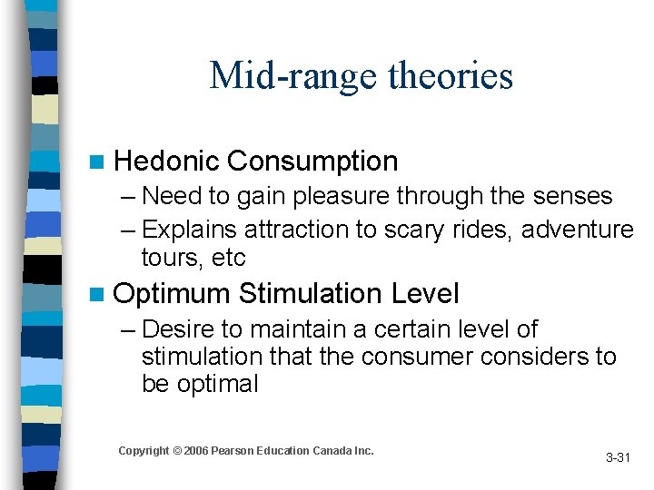 Mid-range theories n Hedonic Consumption – Need to gain pleasure through the senses –