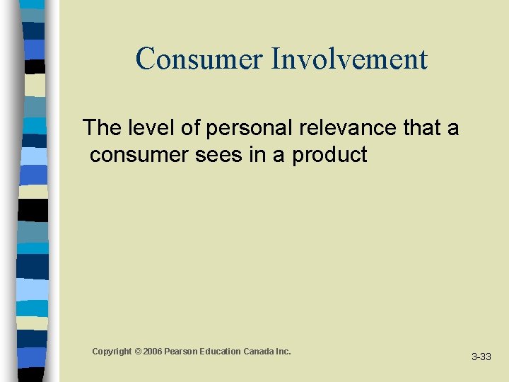 Consumer Involvement The level of personal relevance that a consumer sees in a product