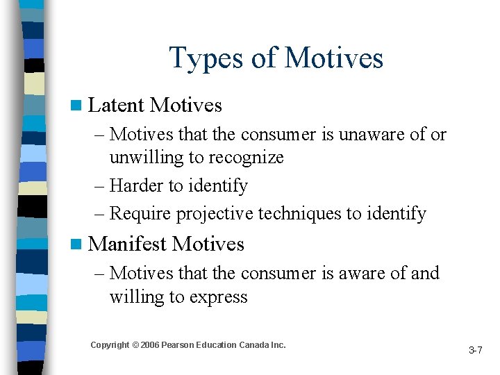 Types of Motives n Latent Motives – Motives that the consumer is unaware of