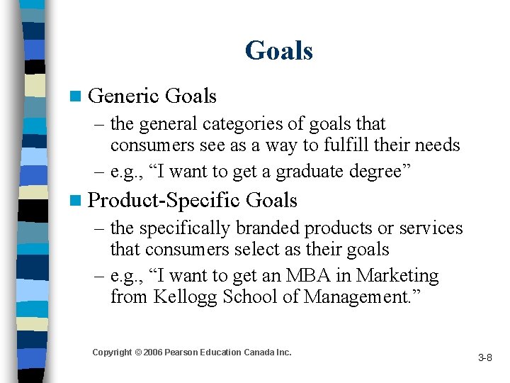 Goals n Generic Goals – the general categories of goals that consumers see as