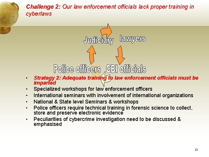 Challenge 2: Our law enforcement officials lack proper training in cyberlaws • • • Challenge 2: Our law enforcement officials lack proper training in cyberlaws • • •