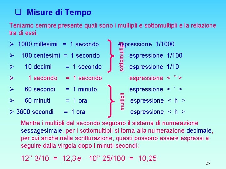 q Misure di Tempo Teniamo sempre presente quali sono i multipli e sottomultipli e