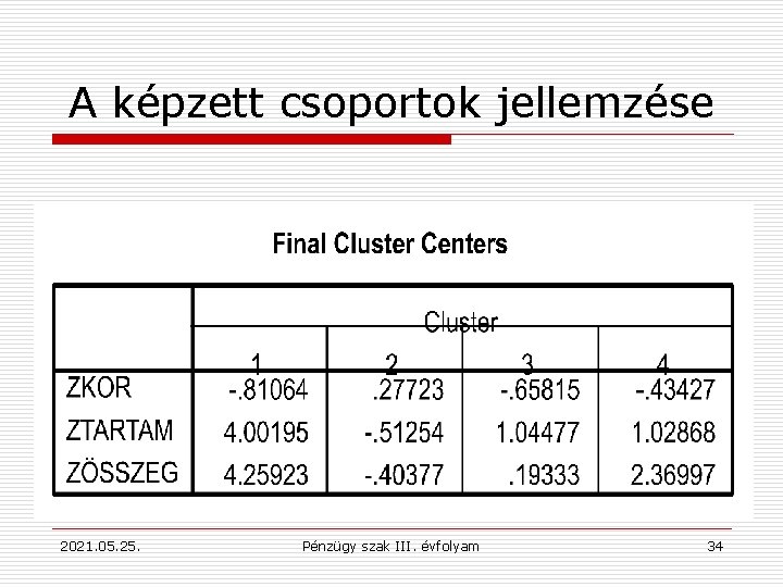 A képzett csoportok jellemzése 2021. 05. 25. Pénzügy szak III. évfolyam 34 