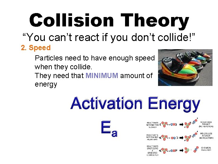 Collision Theory “You can’t react if you don’t collide!” 2. Speed Particles need to