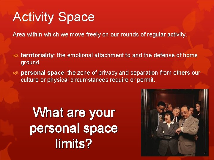 Activity Space Area within which we move freely on our rounds of regular activity.