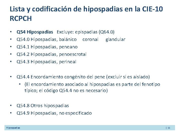 Lista y codificación de hipospadias en la CIE-10 RCPCH • • • Q 54