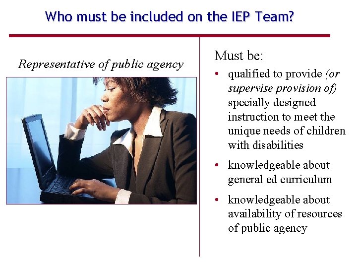 Who must be included on the IEP Team? Representative of public agency Must be: