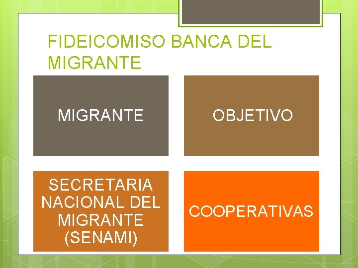 FIDEICOMISO BANCA DEL MIGRANTE OBJETIVO SECRETARIA NACIONAL DEL MIGRANTE (SENAMI) COOPERATIVAS 