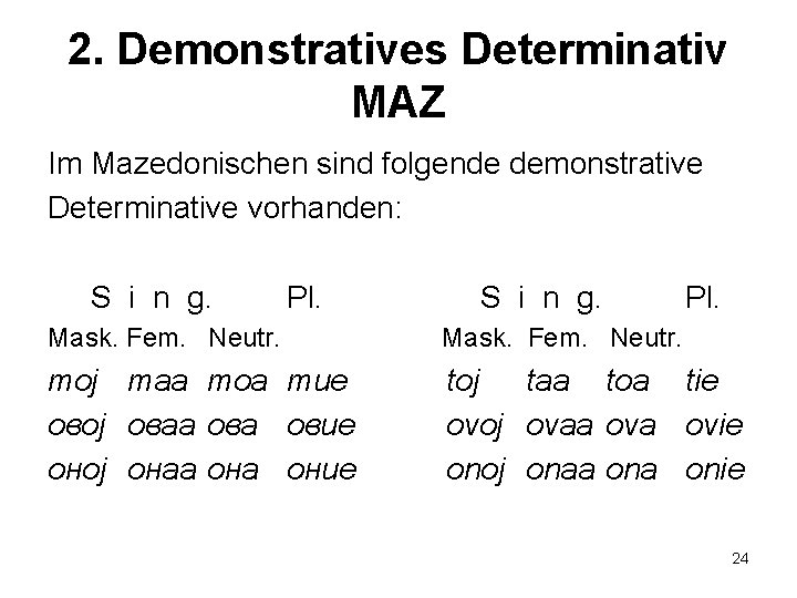 2. Demonstratives Determinativ MAZ Im Mazedonischen sind folgende demonstrative Determinative vorhanden: S i n