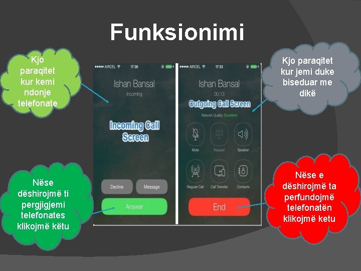 Funksionimi Kjo paraqitet kur kemi ndonje telefonate Nëse dëshirojmë ti pergjigjemi telefonates klikojmë këtu