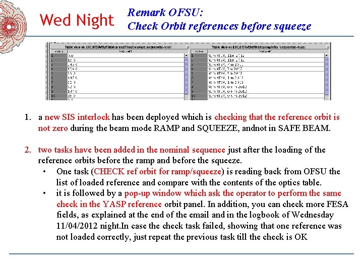 Wed Night Remark OFSU: Check Orbit references before squeeze 1. a new SIS interlock