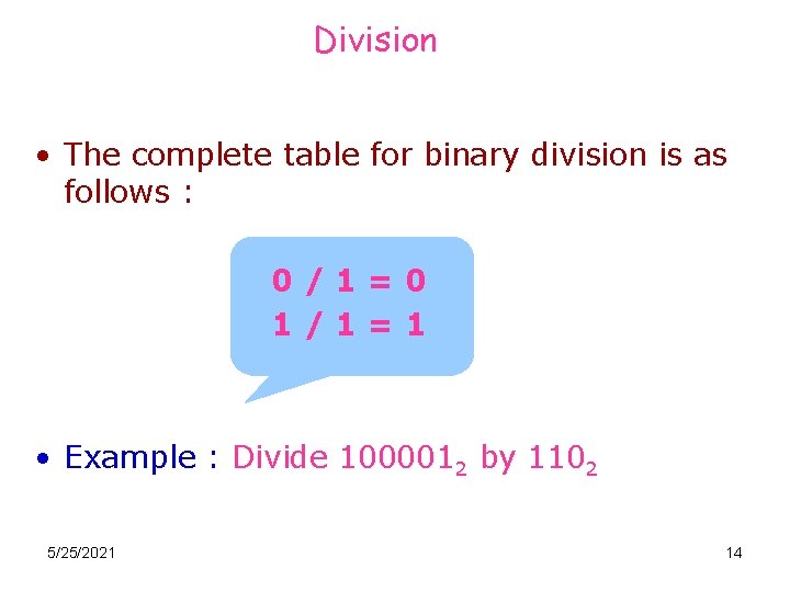 Division • The complete table for binary division is as follows : 0/1=0 1/1=1