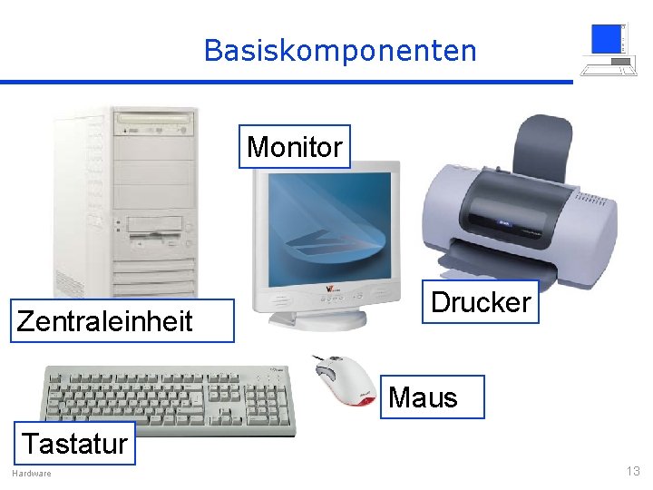 Basiskomponenten Monitor Zentraleinheit Drucker Maus Tastatur Hardware 13 