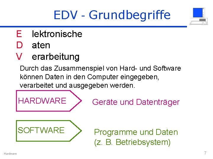 EDV - Grundbegriffe E lektronische D aten V erarbeitung Durch das Zusammenspiel von Hard-