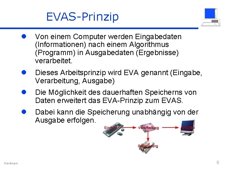 EVAS-Prinzip Hardware l Von einem Computer werden Eingabedaten (Informationen) nach einem Algorithmus (Programm) in