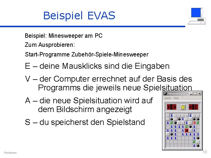 Beispiel EVAS Beispiel: Minesweeper am PC Zum Ausprobieren: Start-Programme Zubehör-Spiele-Minesweeper E – deine Mausklicks