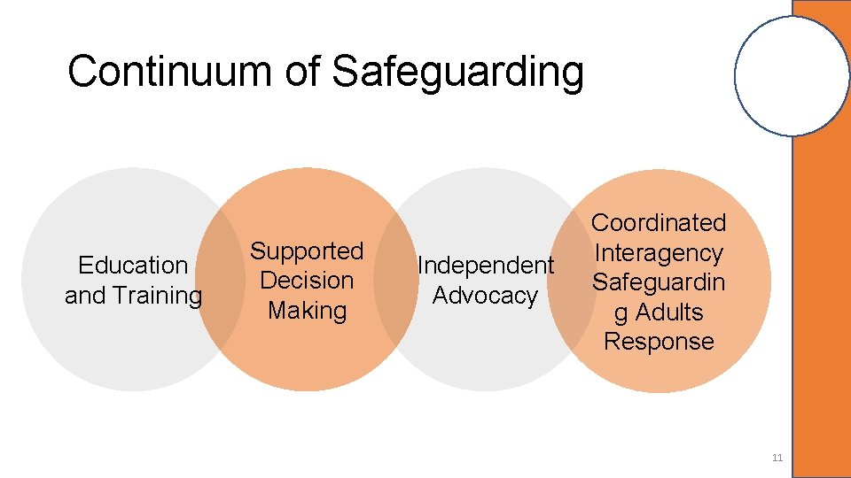 Continuum of Safeguarding Education and Training Supported Decision Making Independent Advocacy Coordinated Interagency Safeguardin
